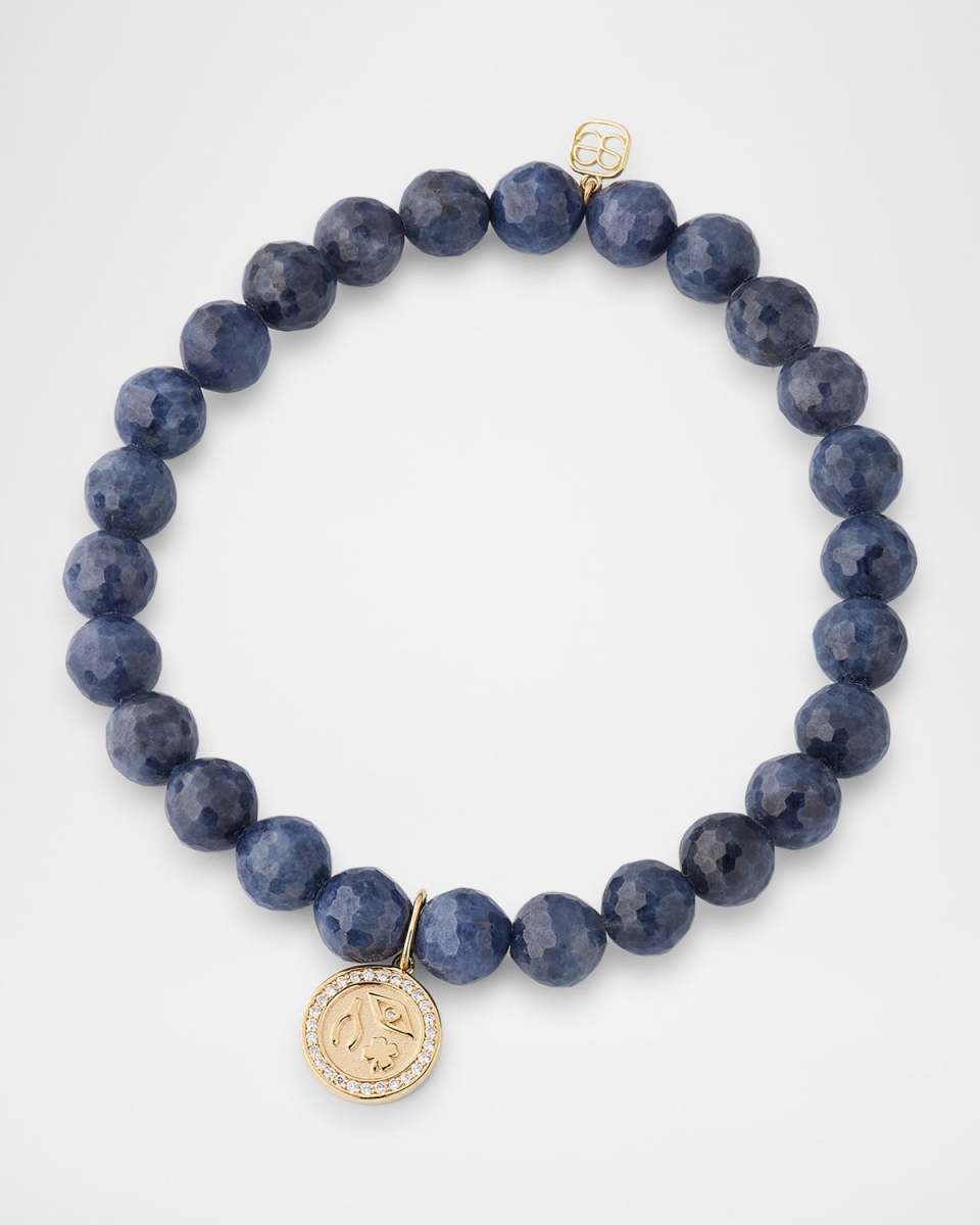 Blue Sapphire Bead Bracelet with Tiny Pavé Diamond Luck & Protection Charm
